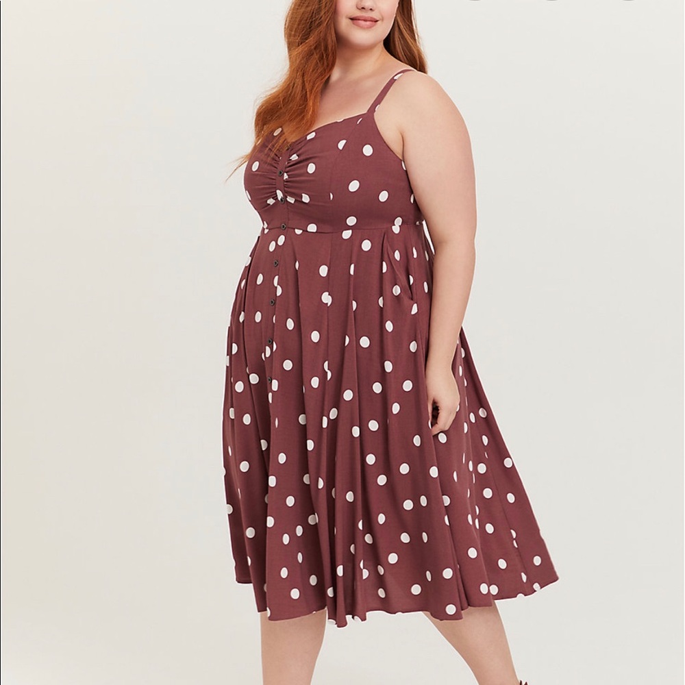Torrid Walnut Polka Dot Challis Midi Dress